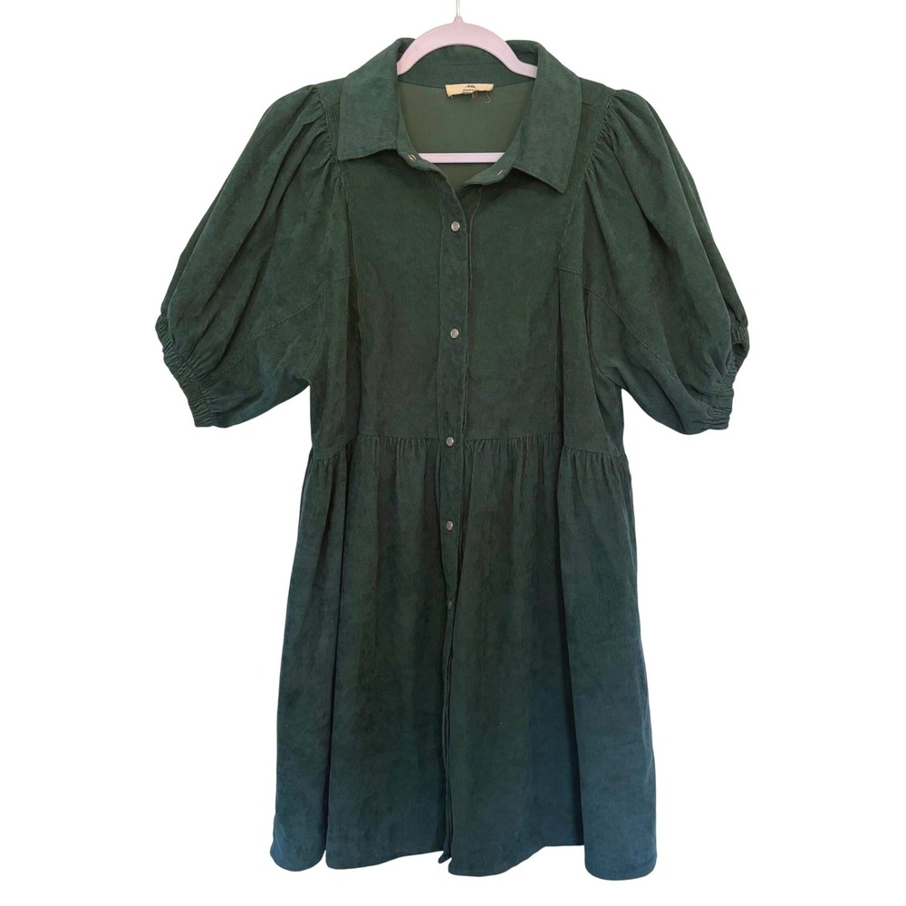Entro Green Corded Babydoll Mini Dress M Pearl Snap Puff Sleeve Cottagecore Cute